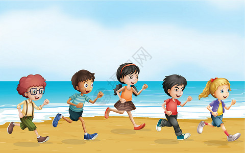 海滨育场离育子女海滨绘画女性女孩卡通片乐趣赛车锻炼孩子们孩子插画