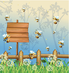木桶里的蜂蜜森林里的蜜蜂和空标牌设计图片