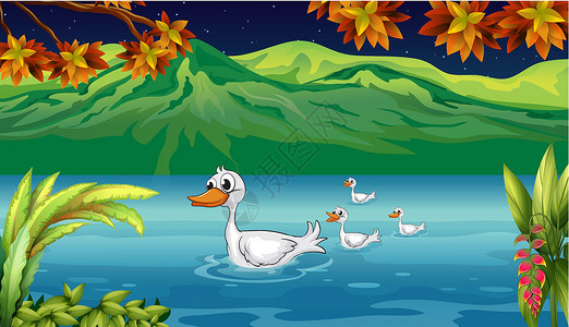 母鸭和她的鸭子在河里插画