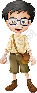 棕色钱包一个微笑的男孩玻璃头发白色框架男性衬衫塑料黄色情绪棕色插画