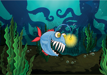 琵琶鱼怪物鱼和章鱼插画