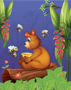 木桶里的蜂蜜一只熊 在森林里有三个蜜蜂设计图片