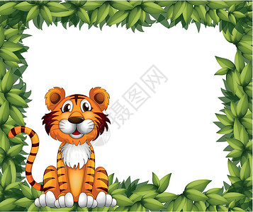 老虎边框一只老虎坐在树叶框中婴儿边界尾巴边框荒野海报横幅植物耳朵鼻子设计图片