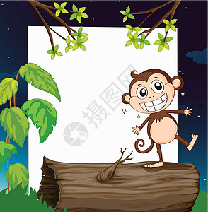 拉板车一只微笑的猴子和白板木材绿色广告木板板车天空婴儿白色荒野绘画设计图片