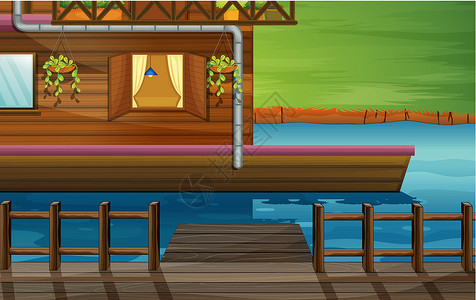 船屋河里一栋木屋插画