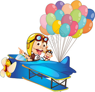 猴子气球飞机上的猴子翅膀哺乳动物蓝色婴儿卡通片喷射飞行野生动物螺旋桨风镜设计图片