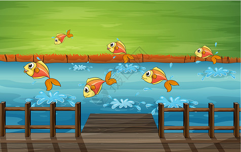 稳定不跳码一条鱼的学校码头海鲜跳跃眼睛港口卡通片飞溅杂草风景食品插画