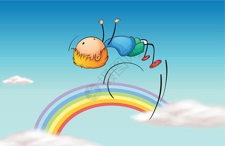 白鞋彩虹素材一个男孩在天空中跳跃 和彩虹设计图片