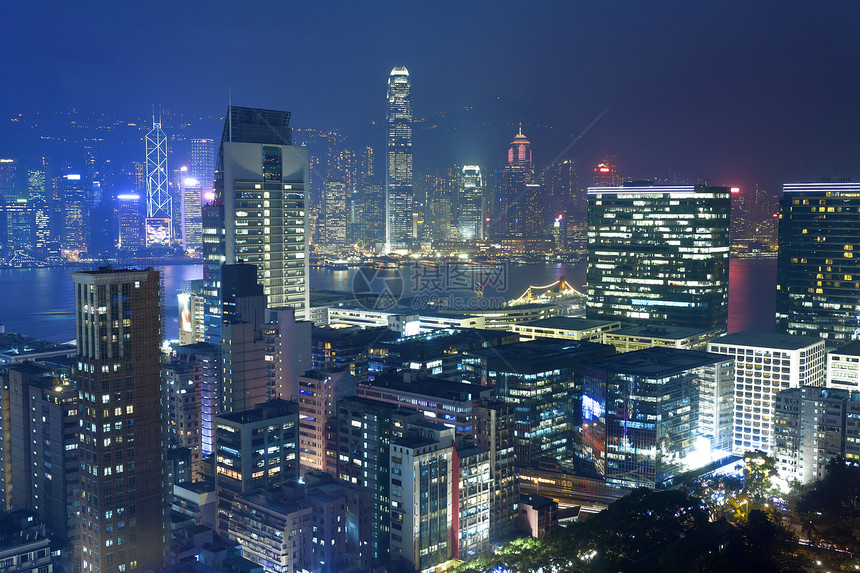 晚上在香港建筑学城市天际天空港口旅游景观市中心经济建筑图片