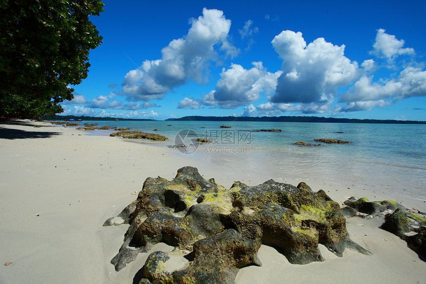 印度安达曼岛哈沃洛克岛的蓝天空和云海洋帆船支撑海滩吊床热带晴天风景海岸线孤独图片
