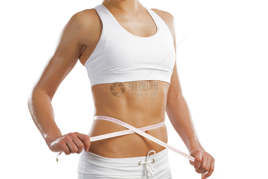 腰部的年轻运动女性腹部减肥成人重量食物女士组织饮食数字健身房图片