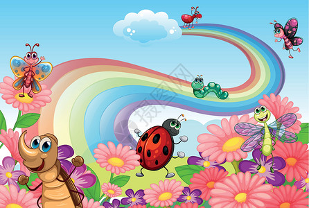 天边那道彩虹花园的彩虹和昆虫插画