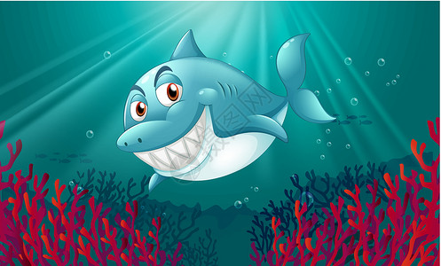 海底娇娃蓝华海底的一只蓝鲨鱼生物化石池塘珊瑚阳光捕食者游泳礼物绘画珊瑚礁插画