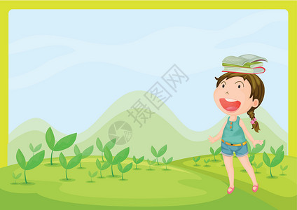 半蓬草一个微笑的女孩女士孩子们半裤孩子草地卡通片图书教育灌木爬坡设计图片