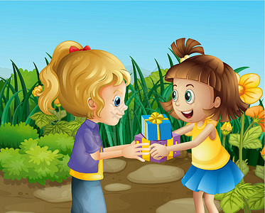 小动物互送礼物两位朋友在户外互送礼物插画