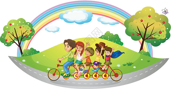 彩虹路儿童骑单车插画