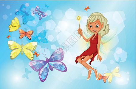 观察昆虫的女孩一个仙女 在蝴蝶群旁边 穿着红礼服的仙女设计图片