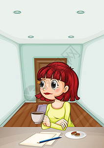 她沉眠在夏日里房间里的一个女人在做代表时喝着咖啡喝着她的咖啡设计图片