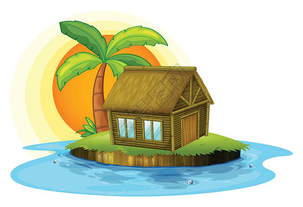 西纳尼察湖一个有竹屋的岛屿插画