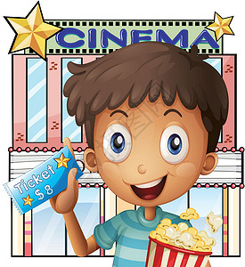 进口儿童零食一个男孩拿着一桶爆米花 和电影院外的票设计图片