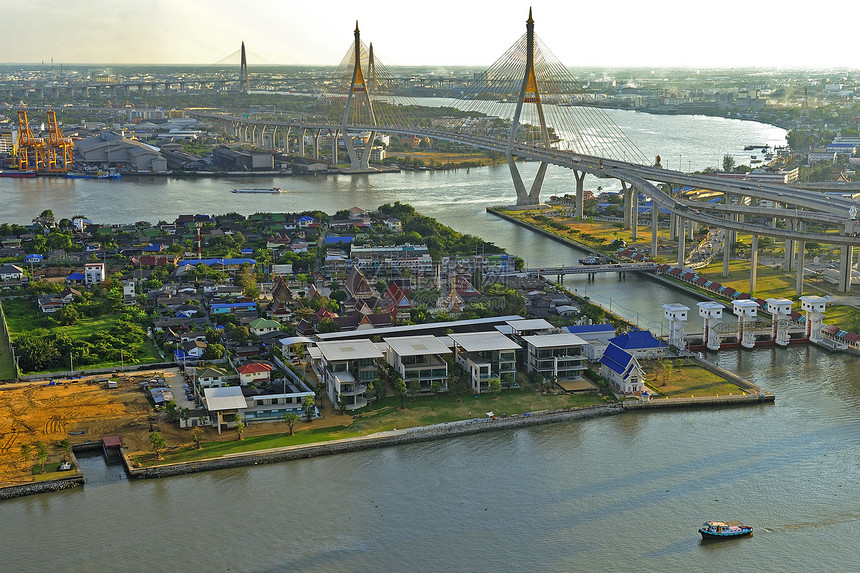 Bhumibol桥视图泰国曼谷场景蓝色天空建筑地标城市邮政知识交通智力图片