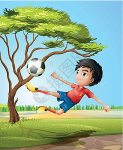 滚动足球素材一个男孩在路上踢足球插画