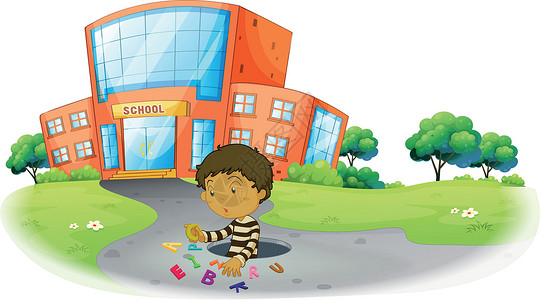 大蓝洞在学校大楼前玩耍的男孩子插画
