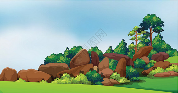 沉积的有大石头的森林矿物质花岗岩资源岩石丛林山顶风景树木天空灌木丛插画
