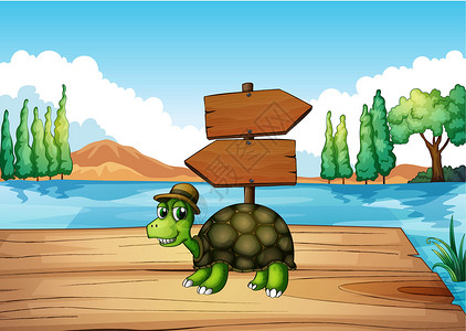乌龟河木桥上的乌龟 挂着空标牌插画