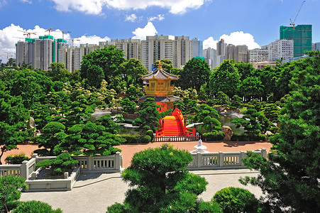 南里安花园的绝对完美之馆 洪洞宝塔建筑城市金子王朝佛教徒历史性宗教橙子天空背景图片