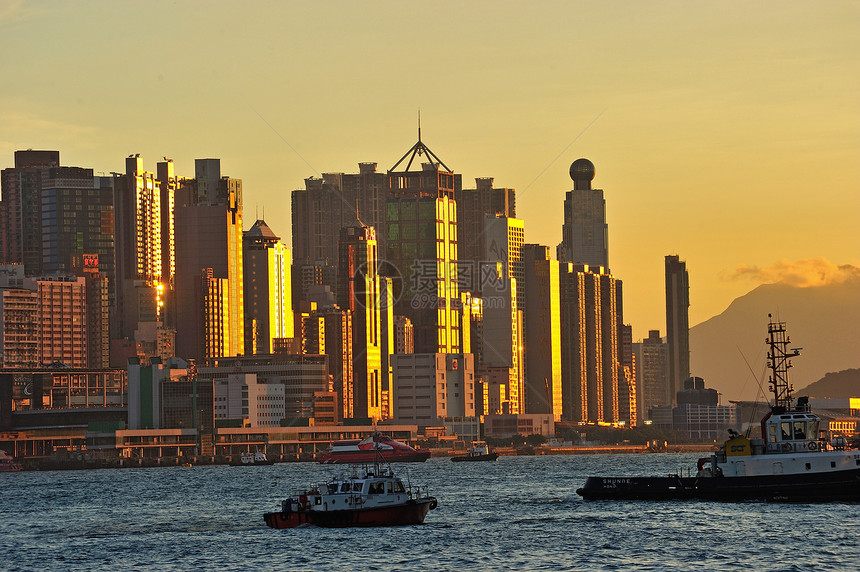 日落时 香港的天线场景血管金融生活摩天大楼太阳渡船天际城市旅行图片