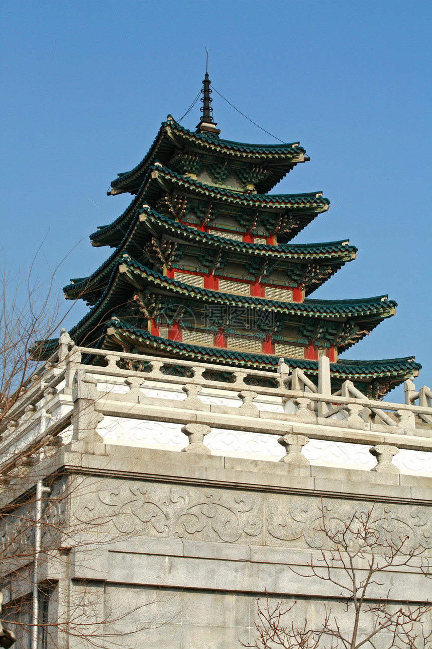 韩国国家民俗博物馆 南朝鲜首尔首尔建筑贵族国家博物馆楼梯入口宝塔王座国王蓝天图片