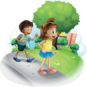 一名女孩和一名男孩沿街行走背景图片