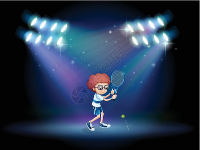 网球中心一个打网球的男孩 用聚光灯插画