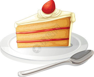 湯匙一块蛋糕 盘子里有白冰淇淋设计图片