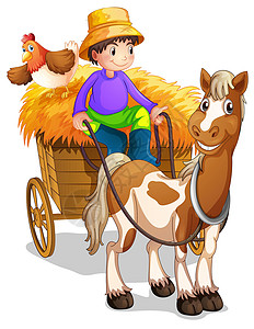 一名农民骑着一匹马和一只鸡 坐在他的木车厢里高清图片