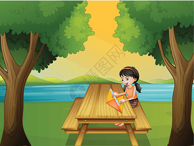 做木工素材一个女孩在桌上做风筝插画