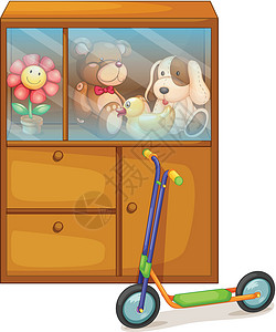 亮棕色柜子一辆小摩托车后面的柜子里装满玩具设计图片