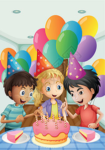 长方形蛋糕三个孩子庆祝一个生日设计图片