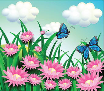 花园天空花园的蝴蝶和粉红色花朵设计图片