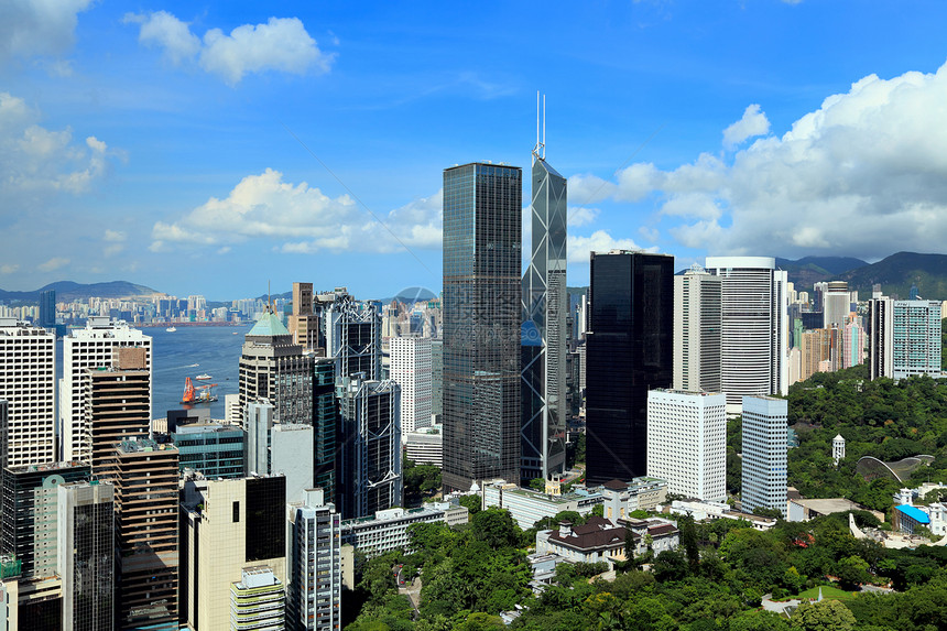 香港金融区建筑蓝色建筑学摩天大楼市中心公园场景商业城市景观图片
