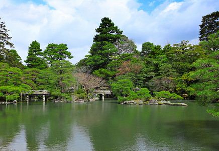 日式花园和池塘背景图片