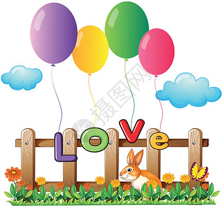 四个飞气球 靠近木栅栏和一只兔子背景图片