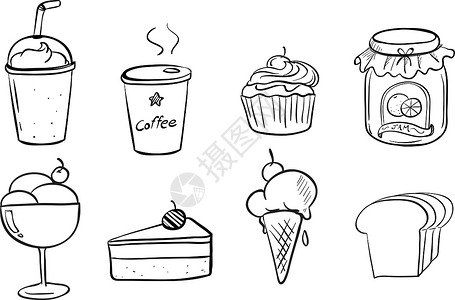 喝饮料的冰淇淋不同食物和饮料插画
