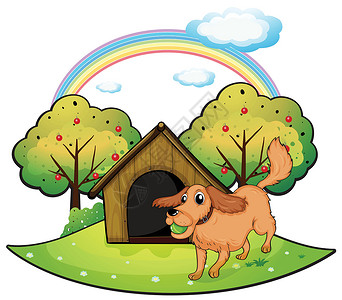 小程序在苹果树附近的狗屋外玩的狗狗插画
