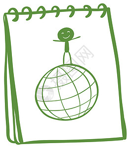 端着水桶蚂蚁一本笔记本 上面写着 一个全球上方男孩的草图设计图片