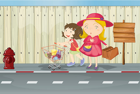 小女孩购物母亲和孩子在空标牌旁边设计图片