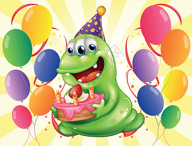 长方形蛋糕一个快乐的怪物环绕着气球设计图片