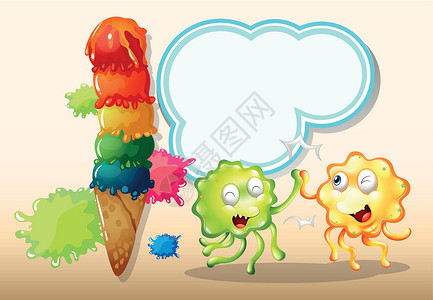 和小动物玩耍一个绿色和橙色的怪物 在巨型冰淇淋附近玩耍设计图片