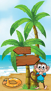 水边有只梅花鹿在喝水海滩上一只猴子 在棕榈树附近有只玩具插画